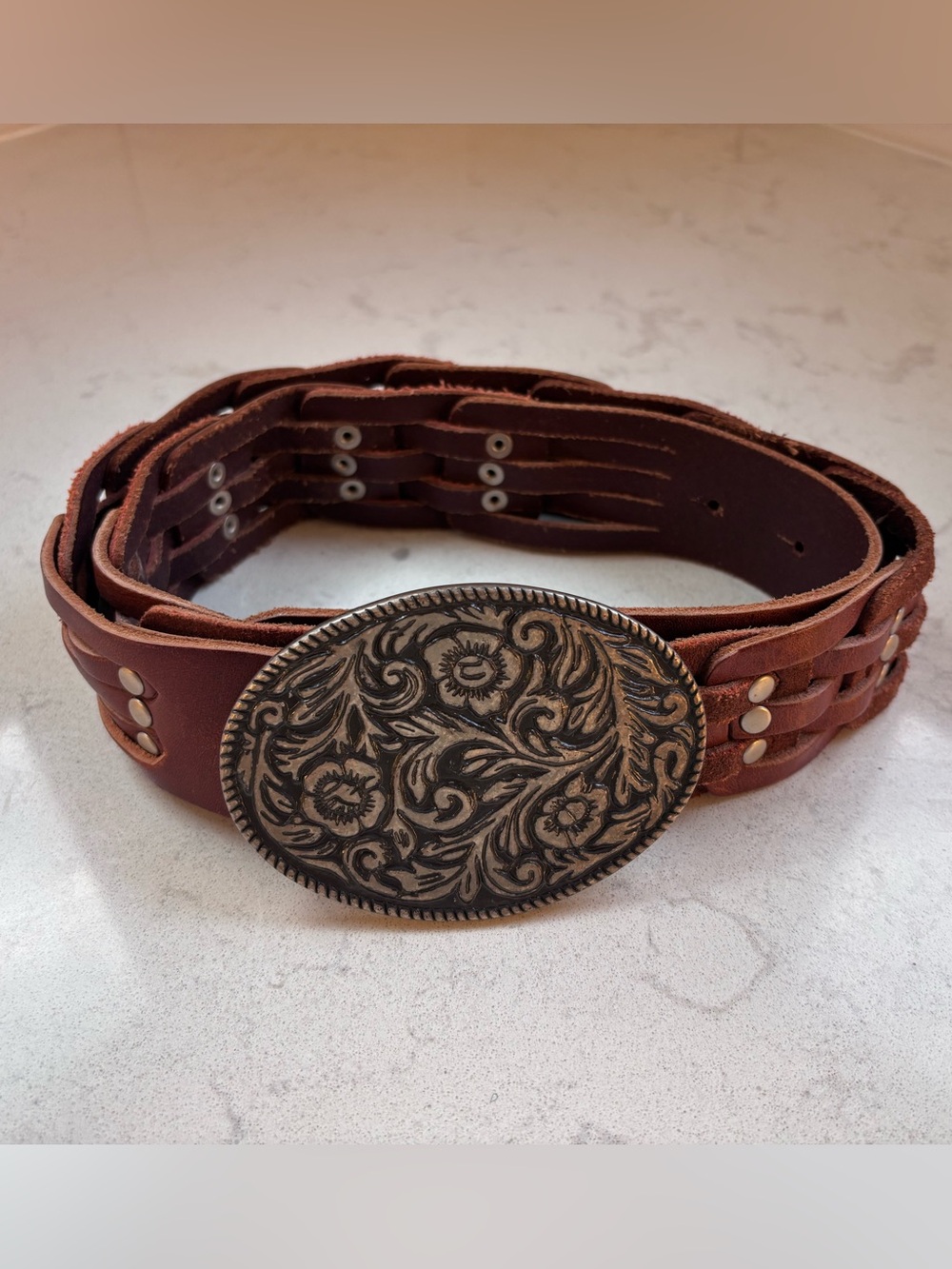 Liz Claiborne Brown Leather Belt with Ornate Oval Buckle